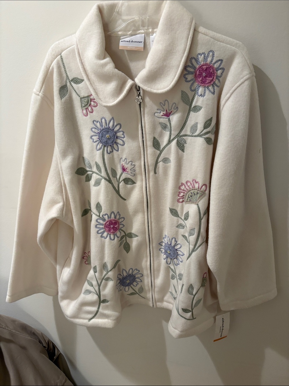 Alfred Dunner Cream Floral Embroidered Zip-Up Teddy Jacket